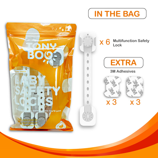 TONYBOO Adjustable Baby Safety Lock for Cabinets, Drawers, Refrigerator, Oven, 6-Pack, plus 6 Extra 3M Adhesives Tapes