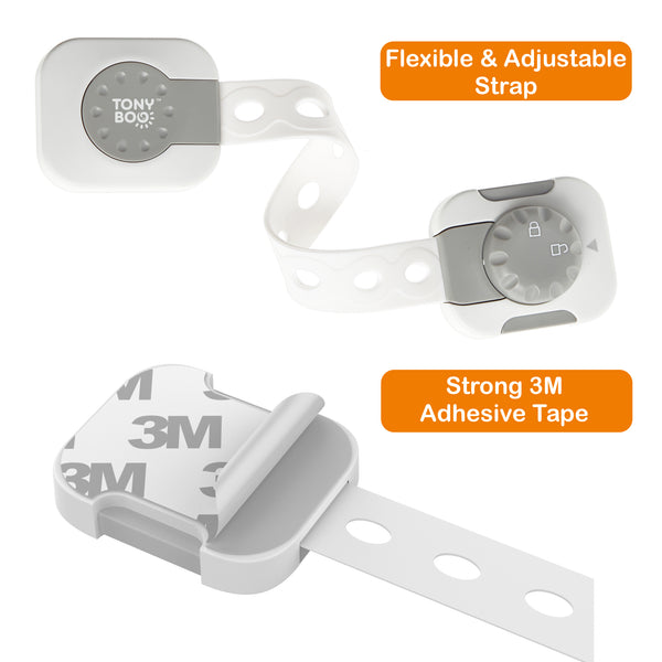 TONYBOO Adjustable Baby Safety Lock for Cabinets, Drawers, Refrigerator, Oven, 6-Pack, plus 6 Extra 3M Adhesives Tapes