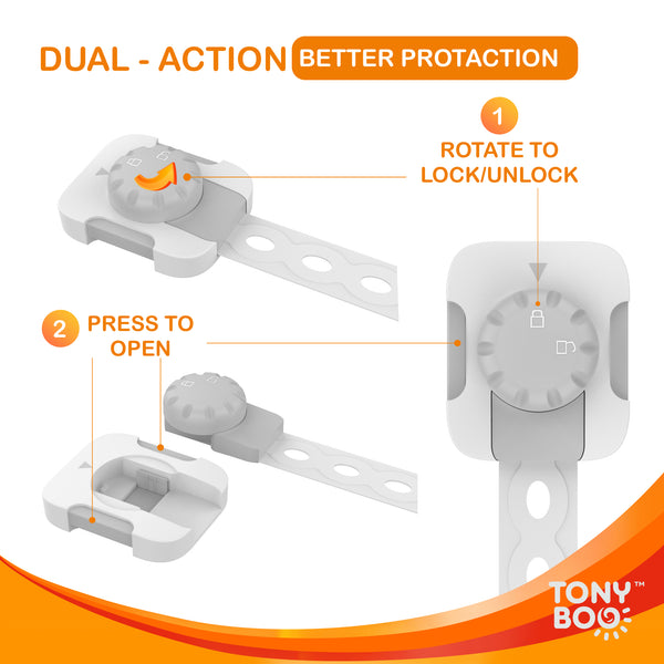 TONYBOO Adjustable Baby Safety Lock for Cabinets, Drawers, Refrigerator, Oven, 6-Pack, plus 6 Extra 3M Adhesives Tapes