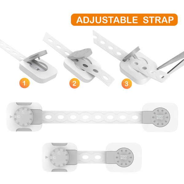 TONYBOO Adjustable Baby Safety Lock for Cabinets, Drawers, Refrigerator, Oven, 6-Pack, plus 6 Extra 3M Adhesives Tapes
